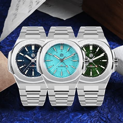 San Martin 43mm GMT Classic Business Luxury Watches SN075 -Sunray Gree ...