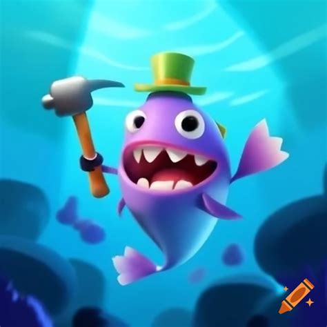 Cartoon fish with hammer ready to explore underwater world in 2d ...