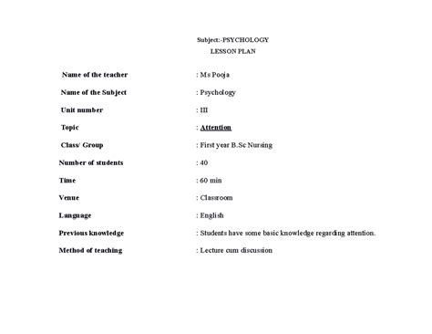 Lesson Plan on Psychology (Attention) for B.Sc Nursing 1st Year - Studocu