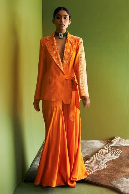 Buy Orange Vegan Silk Embroidered Sequin Notched Lapel Collar Blazer ...