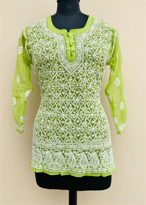 Lucknowi Chikankari Short Kurti Green Faux Georgette – Chikirpolo