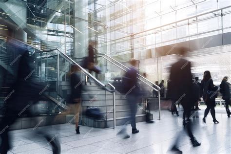 Premium Photo | Blurred business people walking up and down stair outside office in fast movement