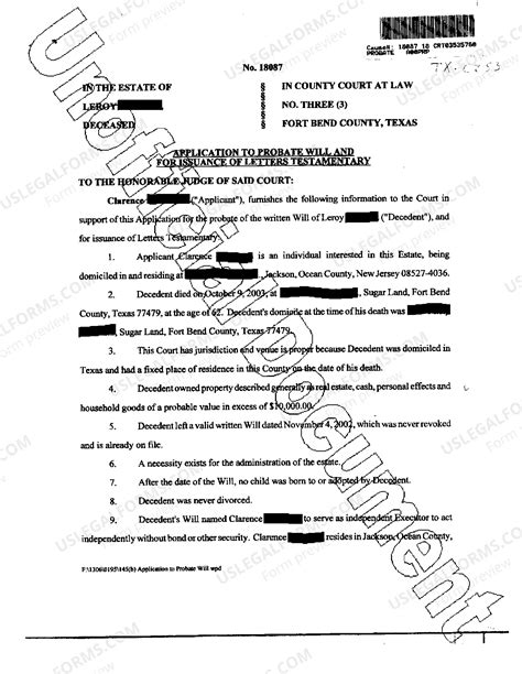 Bexar Texas Application for Probate of Will and Letters Testamentary ...