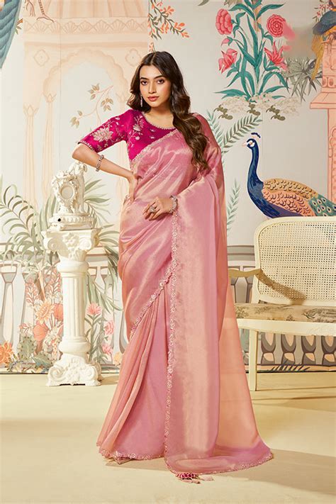 Pink Zari Organza Silk Applique Work Saree