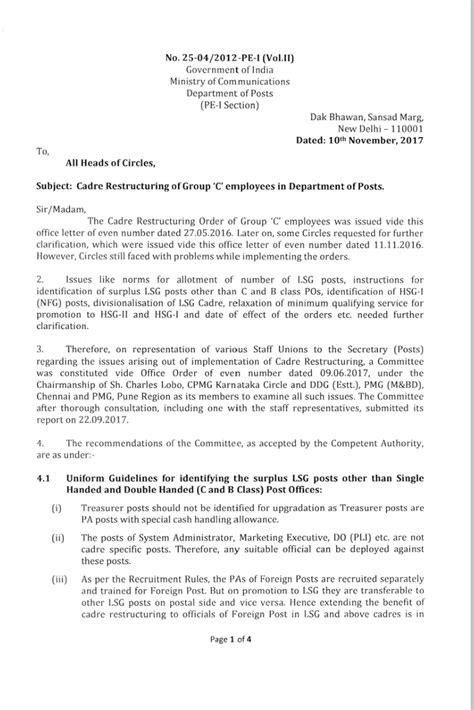 Cadre Restructuring of Group 'C' employees in Department of Posts ...