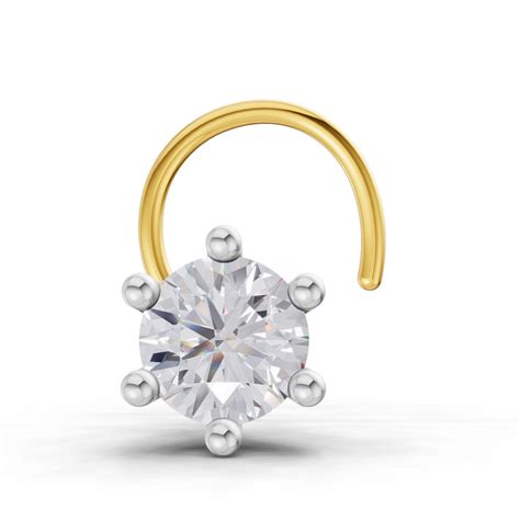 14K Gold 0.10 Ct Diamond Round Shape 6 Prong Solitaire Nose Pin ...