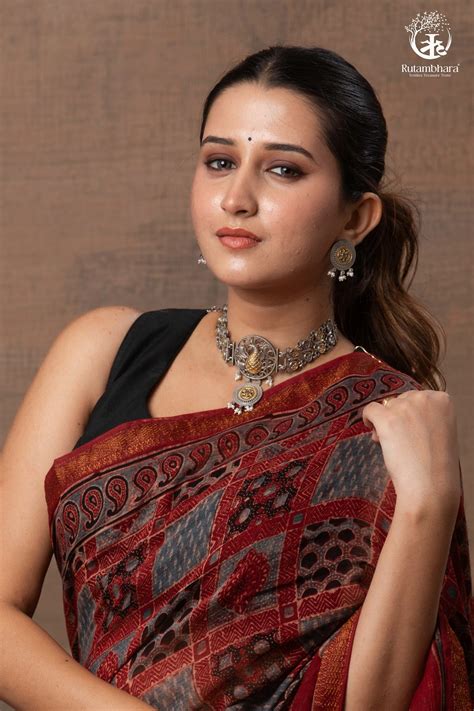 Ushraa - Red Ajrakh Silk Cotton Saree with Delicate Gold Zari Border ...