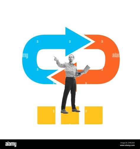 Businessman pointing towards dynamic arrows in opposite directions ...