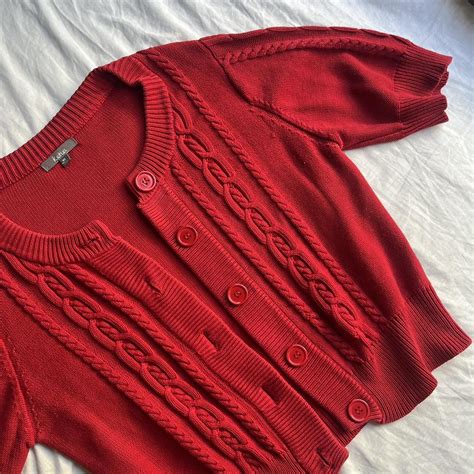 Deep/cherry-red knit cardigan, vintage from Katie's!... - Depop