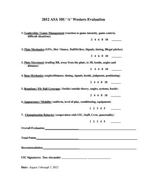 Fillable Online 2012 ASA 10U A Western Evaluation 1: Leadership / Game ...