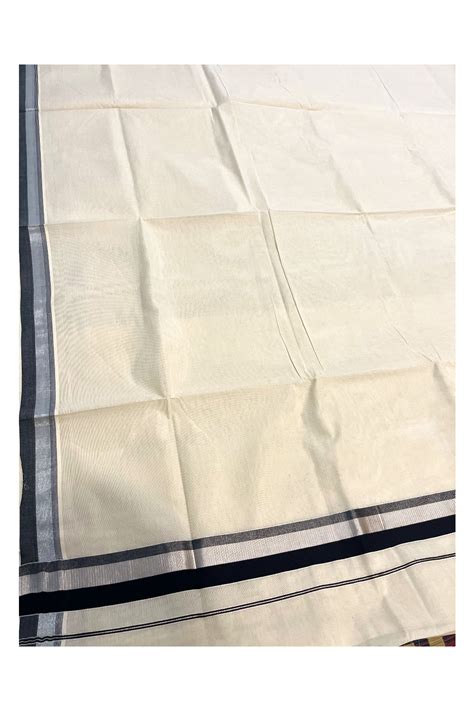 Kerala Pure Cotton Plain Saree with Silver Kasavu and Black Border ...