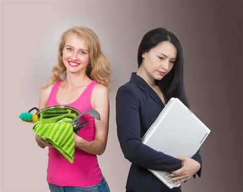 Happy housewife and sad single working woman life choice concept ...