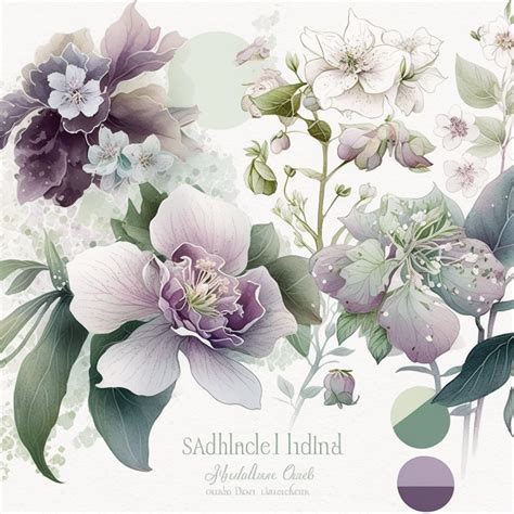 Watercolor Floral Clipart, Purple Hellebores And White Spring Blossoms ...