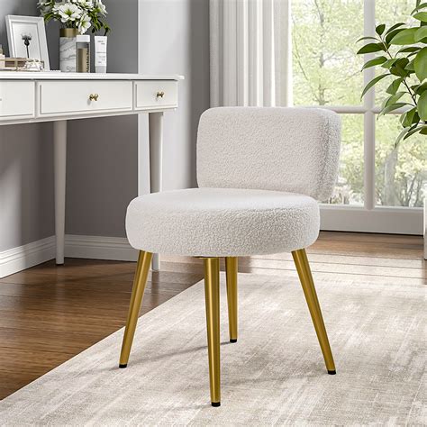 Cream Faux Fur Vanity Stool Dressing Table Chair with Metal Legs