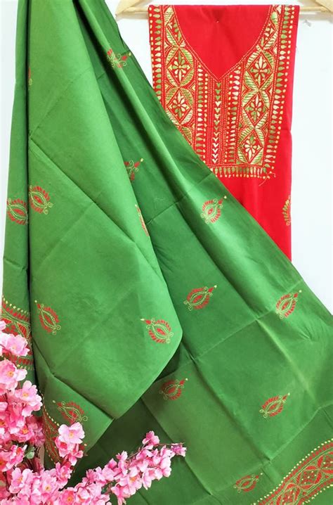 Stunning Red Hand Embroidered Kantha Cotton Suit Set