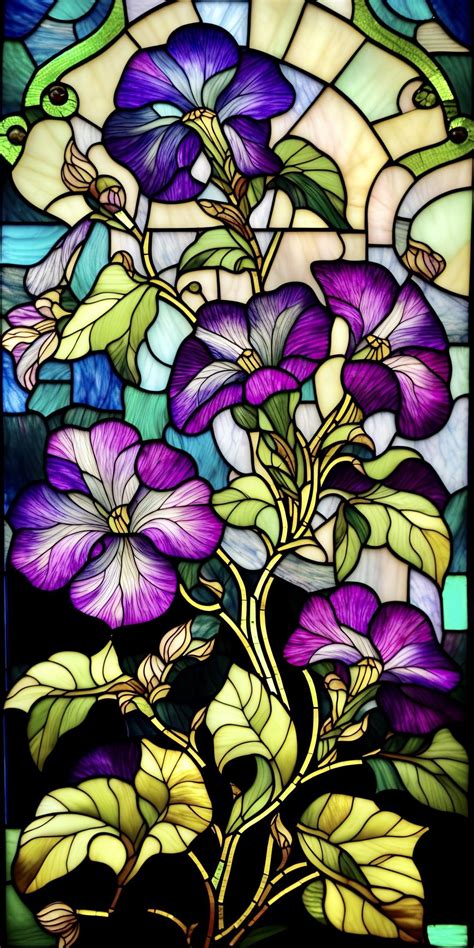Stained Glass Window with Purple Flowers