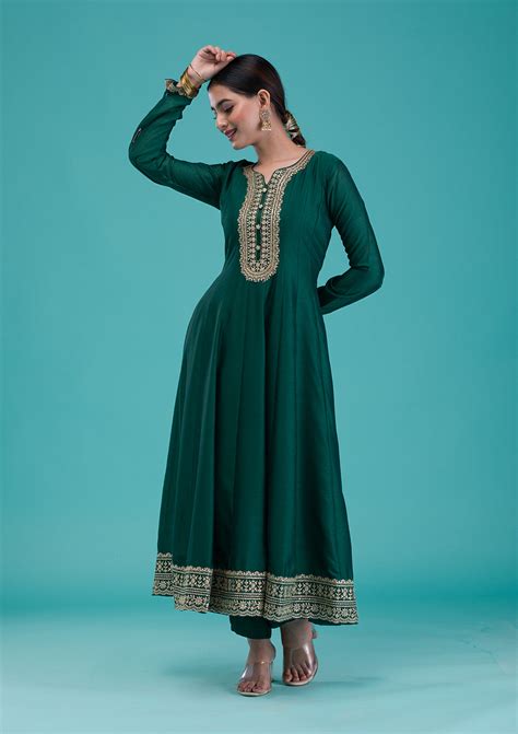 Buy Bottle Green Zariwork Crepe Readymade Salwar Suit - Koskii