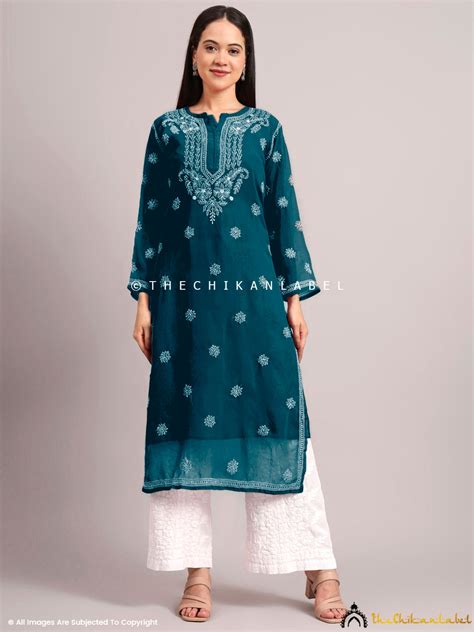 Trending Chikankari Kurti in Teal Blue | The Chikan Label