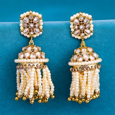 Sukkhi Golden Gold Plated Reverse AD & Pearl Jhumka Earring For Women ...