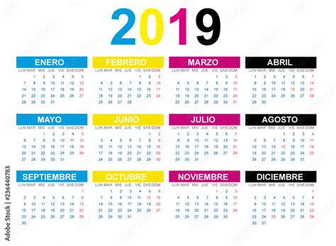 Calendario 2019 en español con fiestas de España en CMYK Stock Vector ...