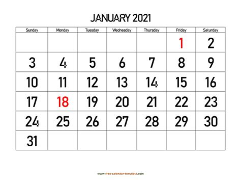 January 2021 Free Printable 2021 Calendar Template Word