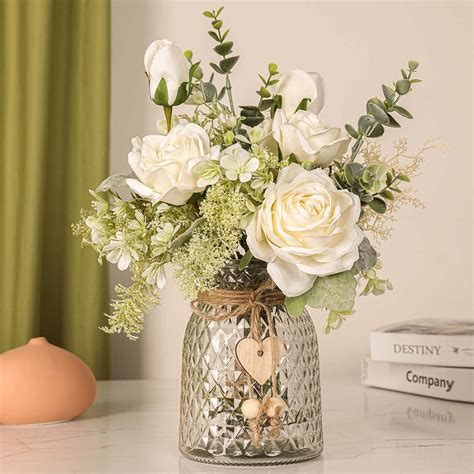 Fake Flowers with Vase, White Roses Artificial Flowers in Vase Silk ...