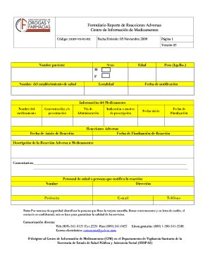 Fillable Online Formulario Reporte de Reacciones Adversas Centro de ...