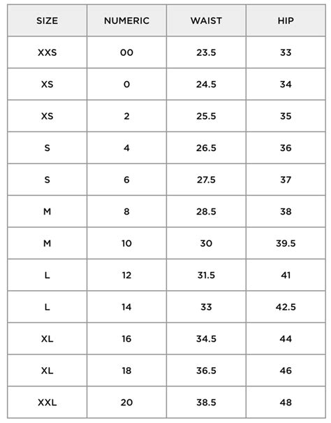 Female Pants Size Chart