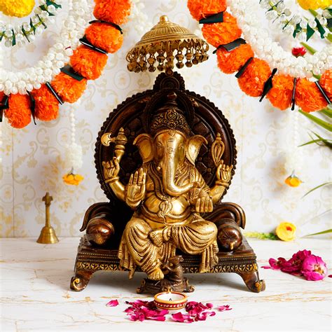 Lord Ganesha Sitting on a Throne With Chhatri Antique Look Handcrafted ...