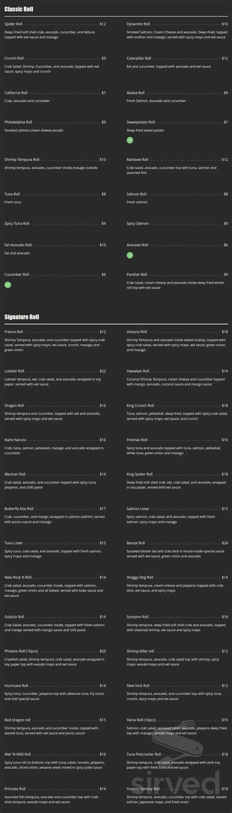 Nami Japanese Cuisine menu in Fresno, California, USA