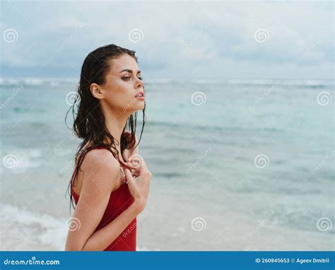 Woman with Wet Hair in Red Swimsuit on Bali Beach Stock Image - Image ...