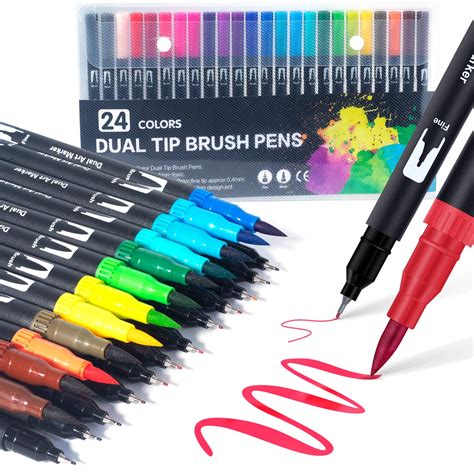 Dual Tip Brush Pens: Felt Tip Pen Set 24 Colors Colouring Pens Art ...