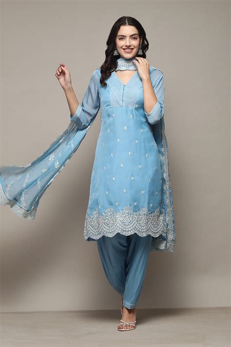 Buy Powder Blue Polyester Straight Kurta Salwar Suit Set Online at Biba ...