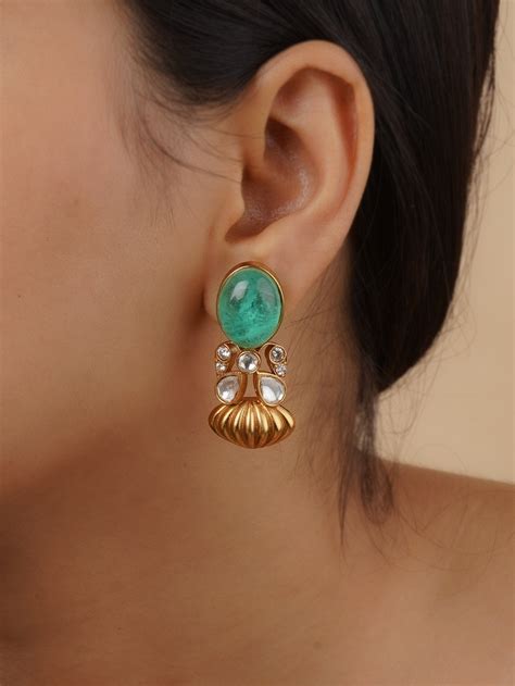 Green Color Gold Plated Faux Polki Earrings - PK-E53LGR – Mortantra