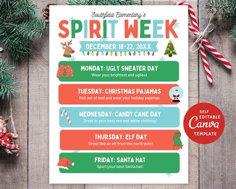 Editable Christmas Spirit Week Flyer: Holiday Dress up Schedule (canva ...
