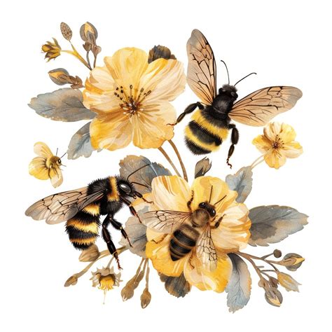 Premium Photo | A painting of bees and flowers with yellow flowers