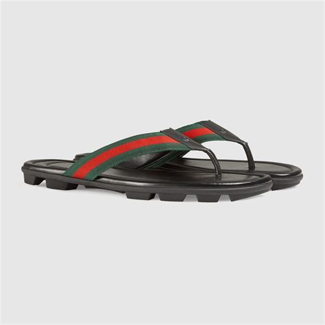 Men's thong sandal with Web in black leather | GUCCI® US