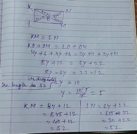 . In a rectangle KLMN, the diagonals KM and LN intersect at O. (i) If ...