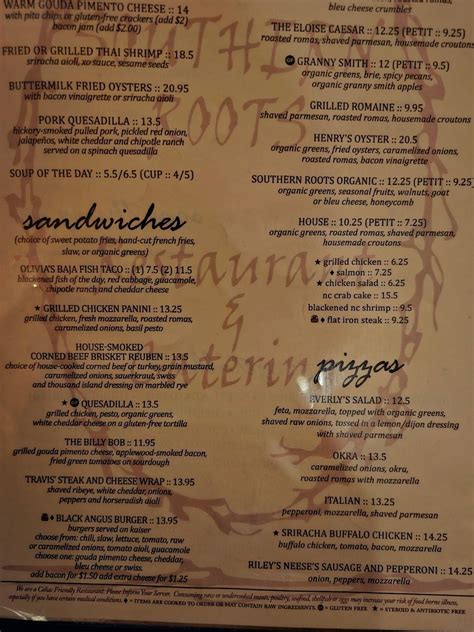 Menu at Southern Roots Restaurant, Jamestown, 119 E Main St