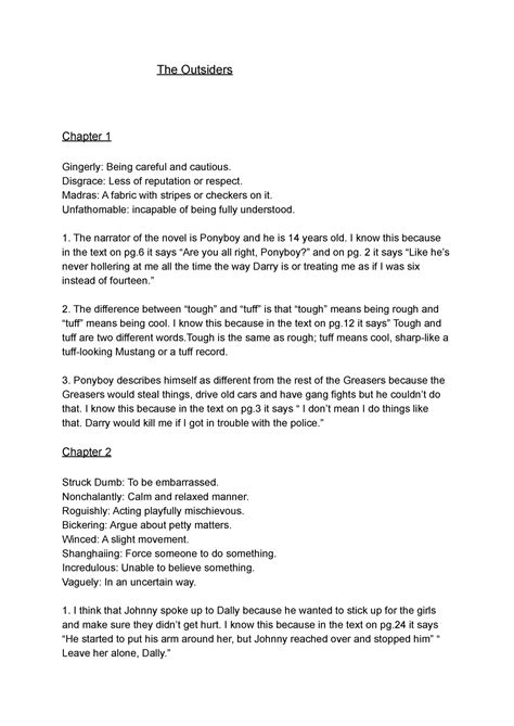 The Outsiders - Book summary - The Outsiders Chapter 1 Gingerly: Being careful and cautious ...