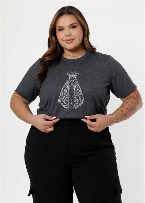 T-SHIRT PLUS SIZE NOSSA SENHORA APARECIDA STRASS - COR PRETO MESCLA ...