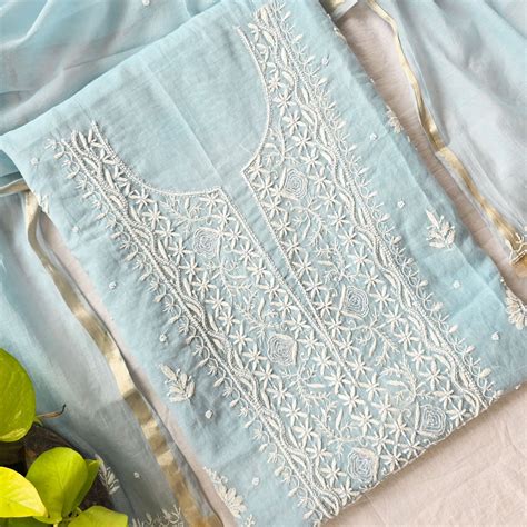 Chaudhavi ka Chand -Mul Chanderi Sky Blue With Heavy Aari Work Yoke To ...