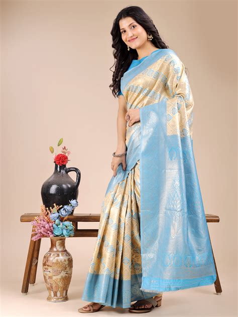 Buy Cream Sky Blue Banarasi Silk Saree With Blouse Piece 52022 Online ...
