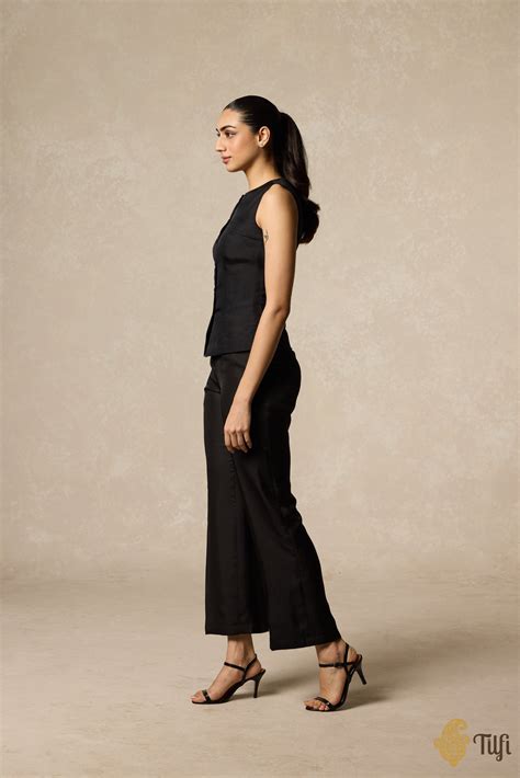 Black Pure Silk Twill Botton-Down Top - Tilfi