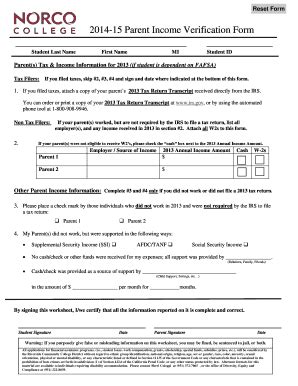 Fillable Online norcocollege Reset Form 2014-15 Parent Income ...