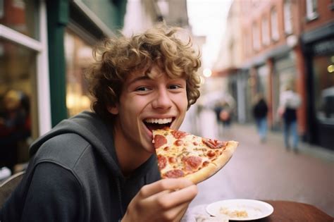 Uomo di tiro medio che mangia pizza deliziosa | Immagine generata dall'IA