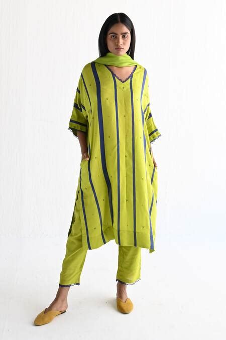Buy Green Silk Printed Stripes V-neck Kaftan With Pant For Women by ...
