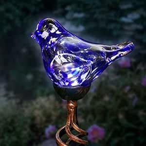 Exhart Solar Blue Hand-Blown Glass Bird Yard Stakes -Bird Garden Stake ...