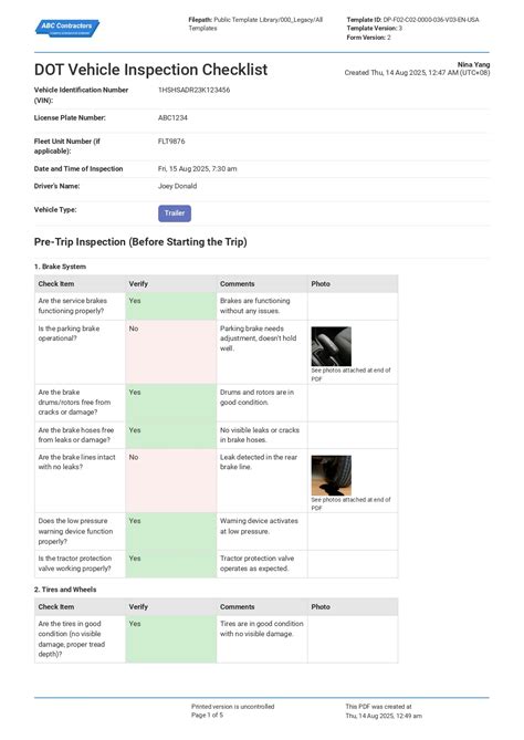 DOT Vehicle Inspection Checklist Template - Free PDF, for Virginia