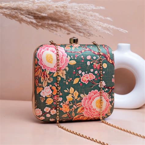 Artklim Olive Green Based Pink Floral Printed Clutch